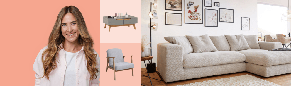 Banner, auf dem eine freundlich lächelnde Frau, ein grauer Couchtisch mit Holzbeinen, ein Sessel mit Holzbeinen und grauem Bezug sowie ein Wohnzimmer mit einem cremefarbenen Ecksofa vor einer weißen Wand mit einer Bildercollage, zu sehen ist
